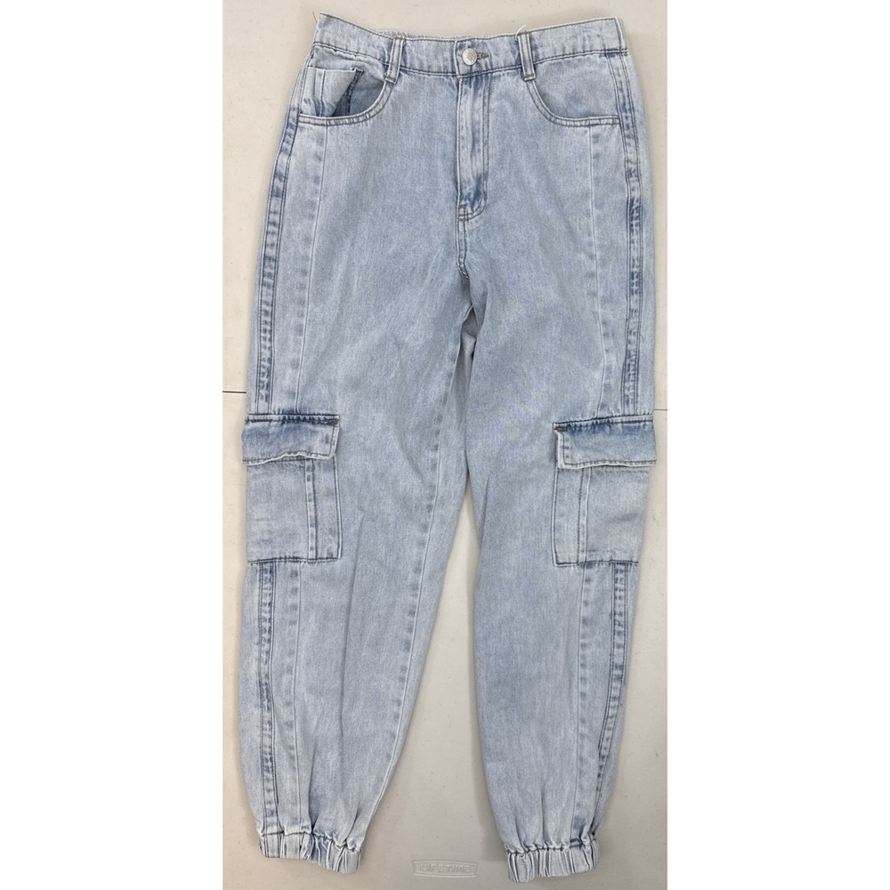 Forever 21 Small Light Blue Denim Utility Cargo Pants Elastic Waist Joggers SPOT